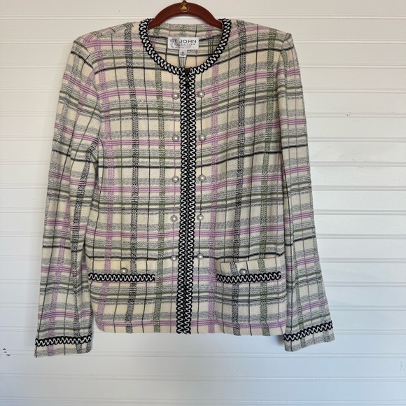 NWT ST. JOHN Knits Cream Black JACKET Siz 10 Suit Blazer Multicolor Plaid - Picture 1 of 11